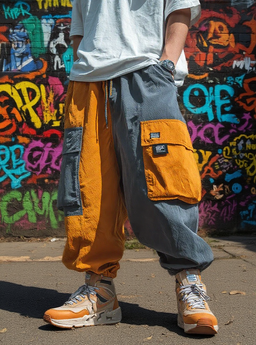 Men's Colorblock Waterproof Cargo Pants with Multi-Pockets and Loose Fit