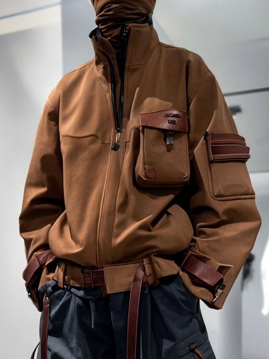 Workwear Jacket Fashionable Urban Industrial Style Leather Color Matching Casual Street Water-Proof And Windproof