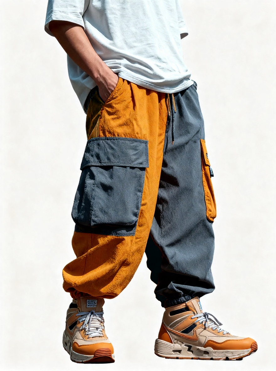 Men's Colorblock Waterproof Cargo Pants with Multi-Pockets and Loose Fit