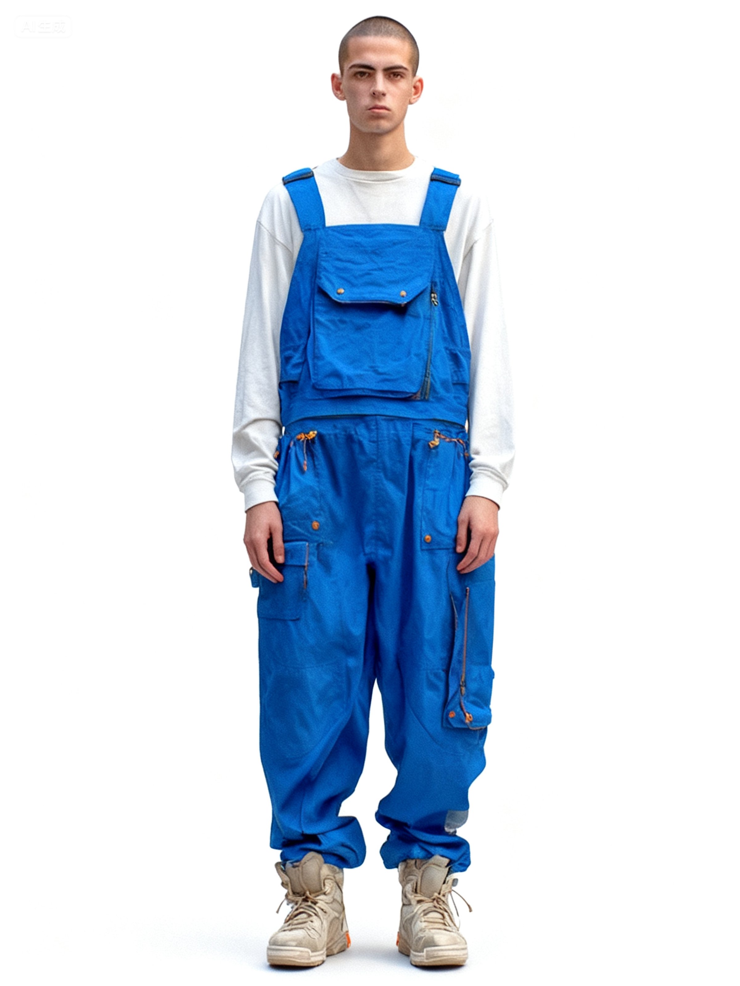 Men's Ripstop Blue Multi-Pocket Trendy Deconstructed Street Straight Overalls