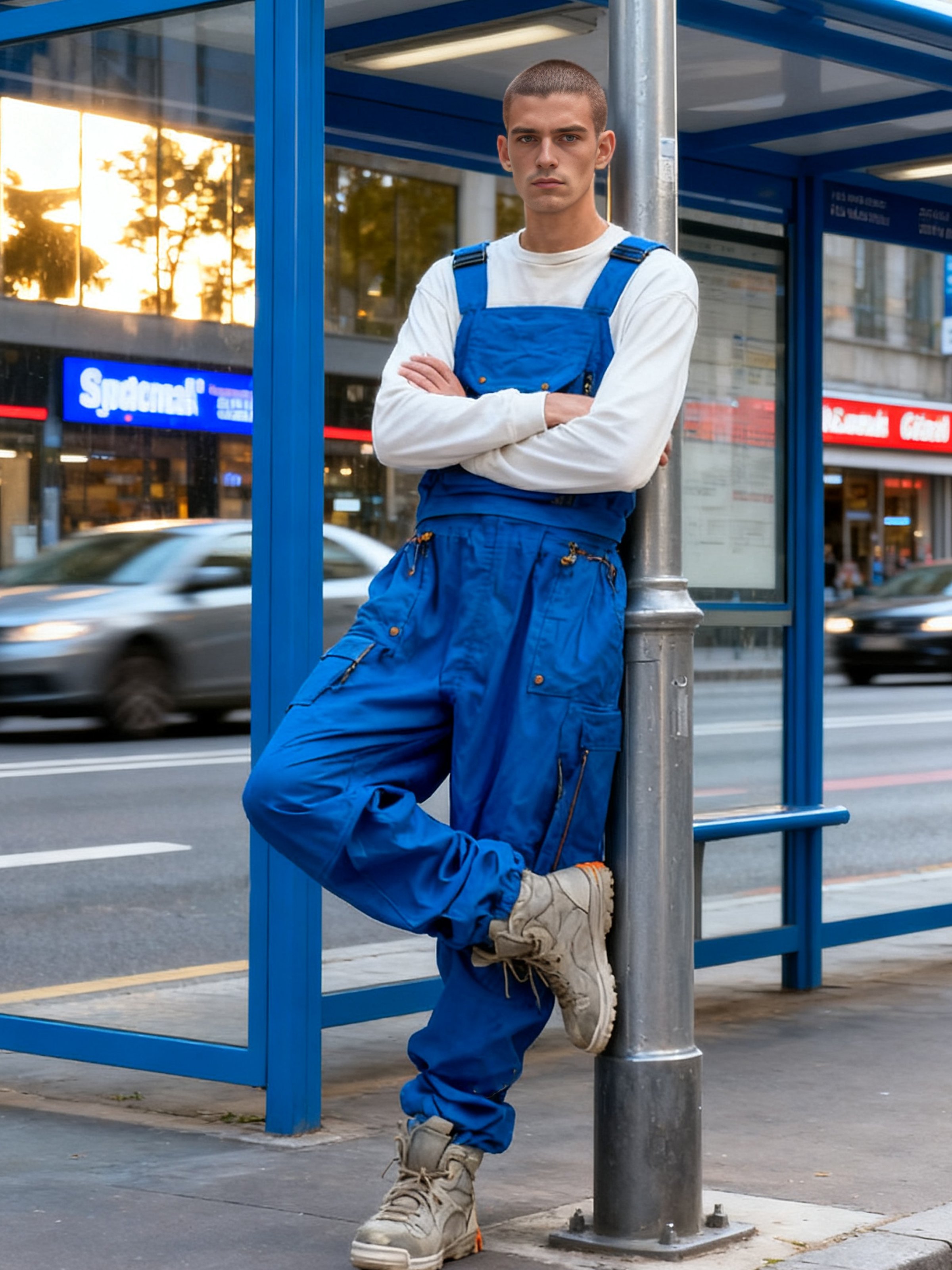 Men's Ripstop Blue Multi-Pocket Trendy Deconstructed Street Straight Overalls