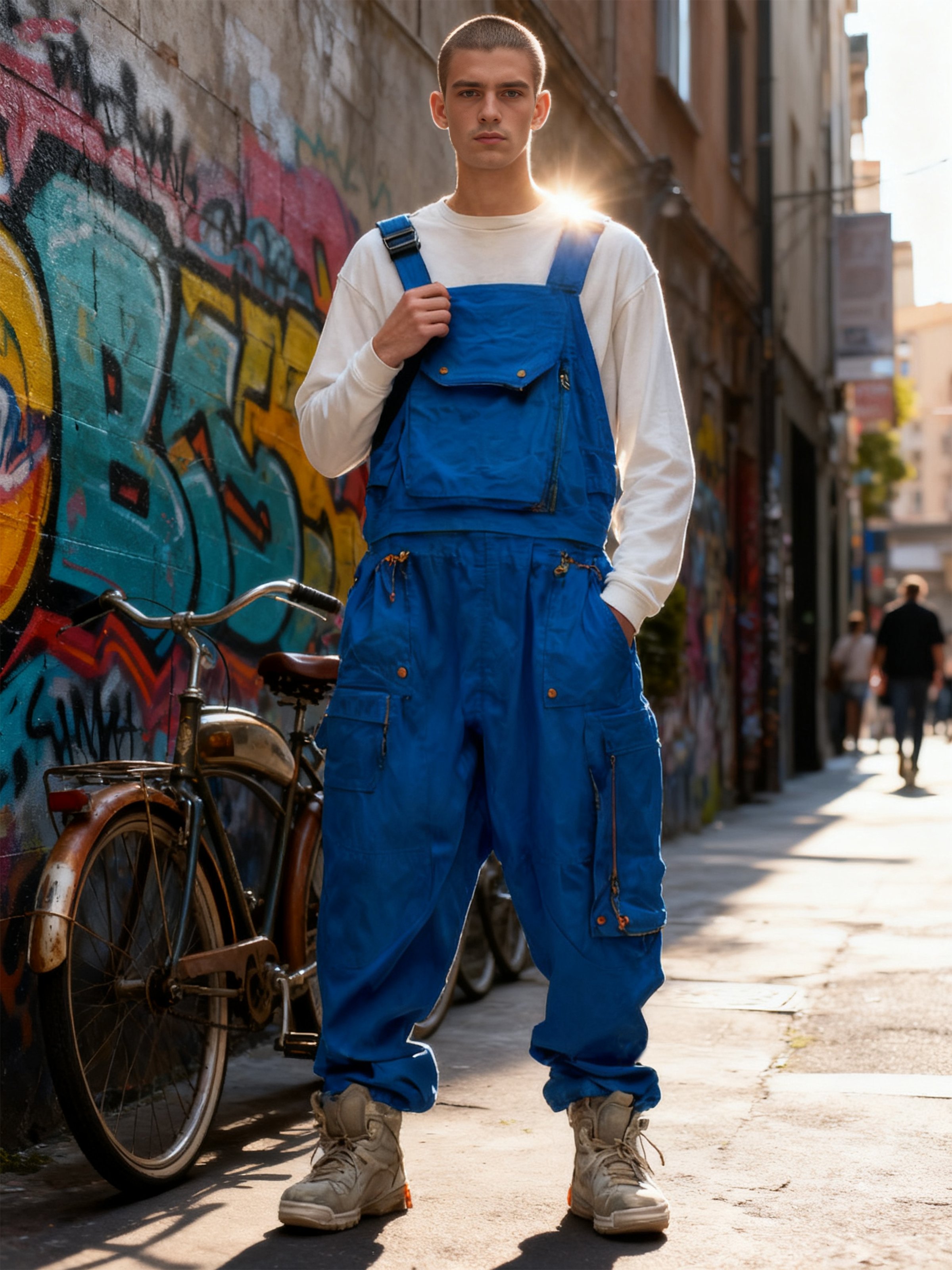 Men's Ripstop Blue Multi-Pocket Trendy Deconstructed Street Straight Overalls