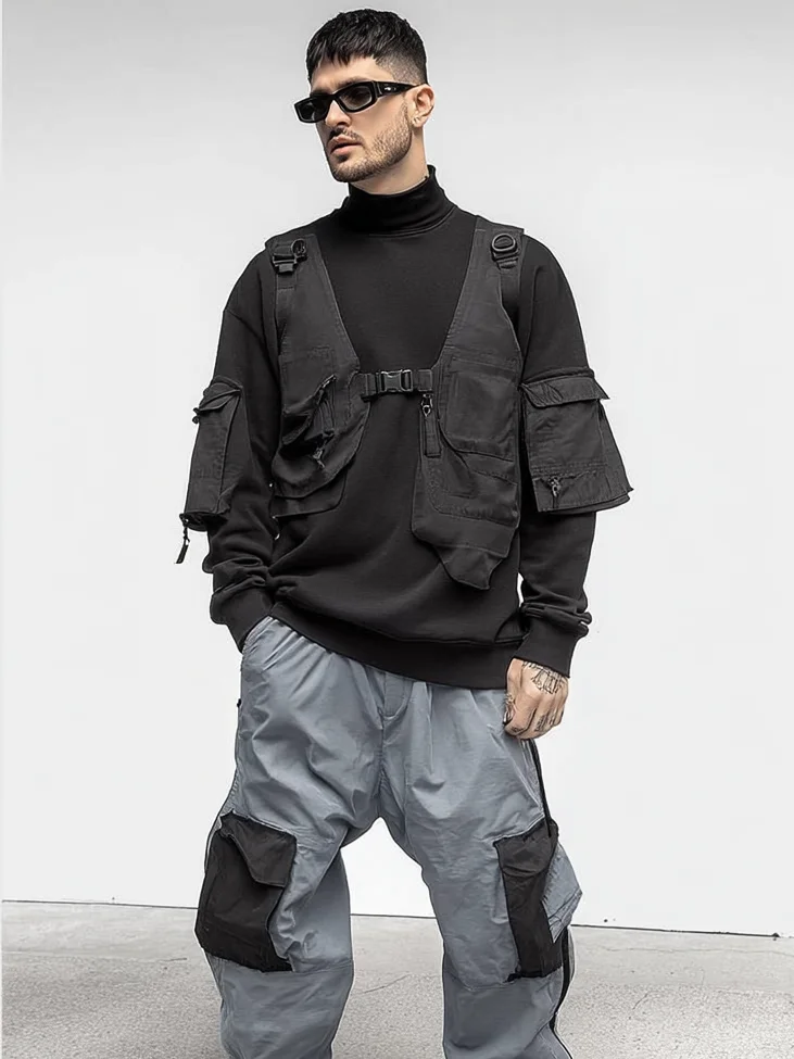 Urban High Street Workwear High Collar Cotton Street Vest Sweatshirt Fake Two-Piece Top