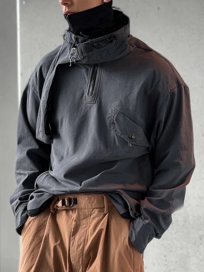 Fashion Workwear Sweatshirt High Collar Casual Comfortable Loose Cotton Multi-Pocket Urban High Street Style