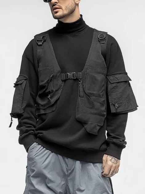 Urban High Street Workwear High Collar Cotton Street Vest Sweatshirt Fake Two-Piece Top