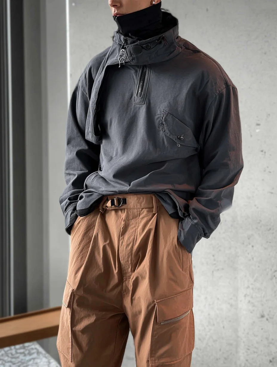 Fashion Workwear Sweatshirt High Collar Casual Comfortable Loose Cotton Multi-Pocket Urban High Street Style