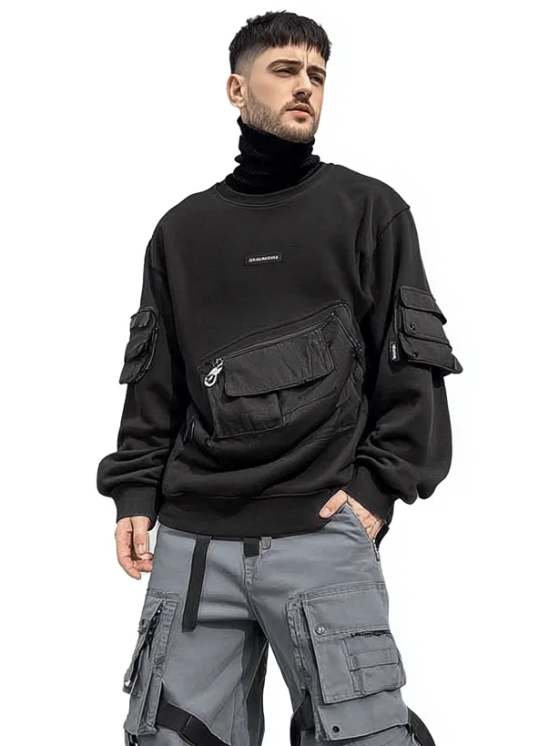 Workwear Sweatshirt Round Neck Casual Cotton Multi-Pocket Loose Urban High Street Style