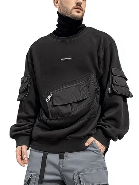 Workwear Sweatshirt Round Neck Casual Cotton Multi-Pocket Loose Urban High Street Style