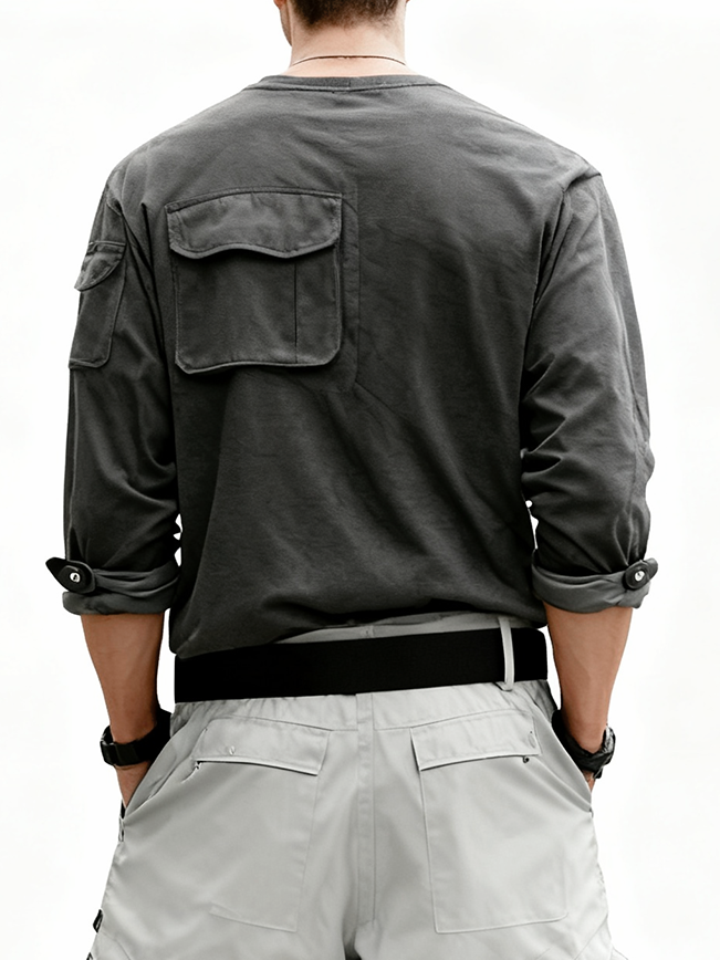 Men's Workwear Long-Sleeved T-Shirt With Multiple Pockets And Patchwork Design Street Style Urban Top