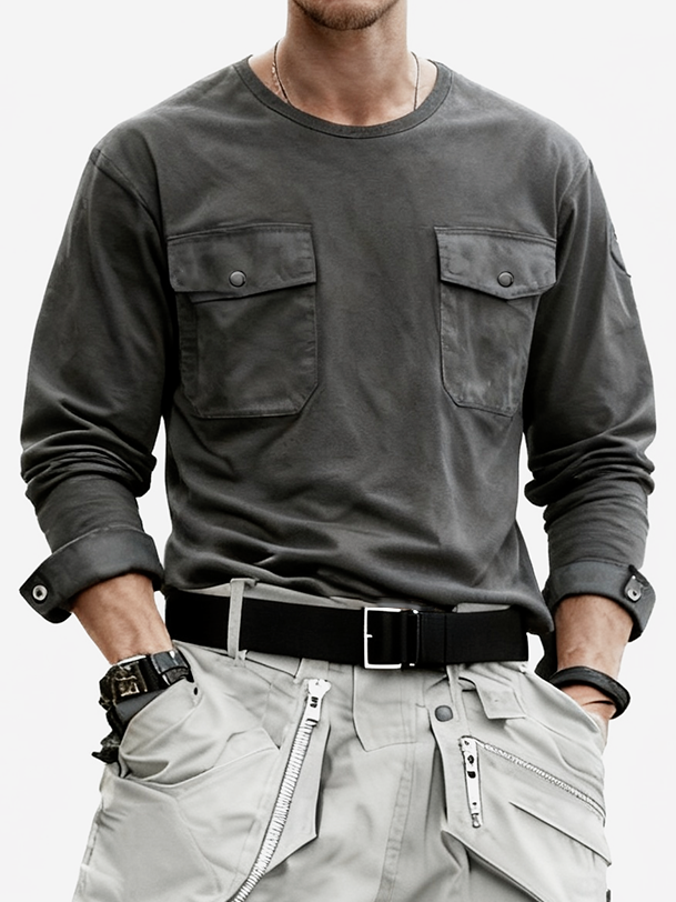 Men's Workwear Long-Sleeved T-Shirt With Multiple Pockets And Patchwork Design Street Style Urban Top