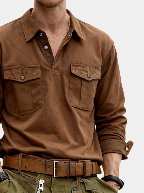 Men's Workwear Long-Sleeved Shirt With Pocket Patchwork Design Street Style Urban Casual Top