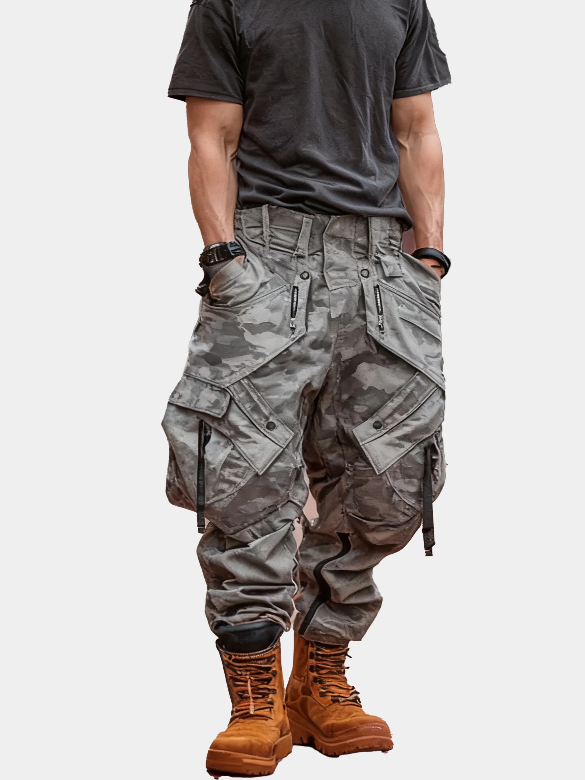 Men's Water Resistant Cargo Pants Ripstop Multi-Pocket Street Tactical Pants Work Hiking Pants Camouflage