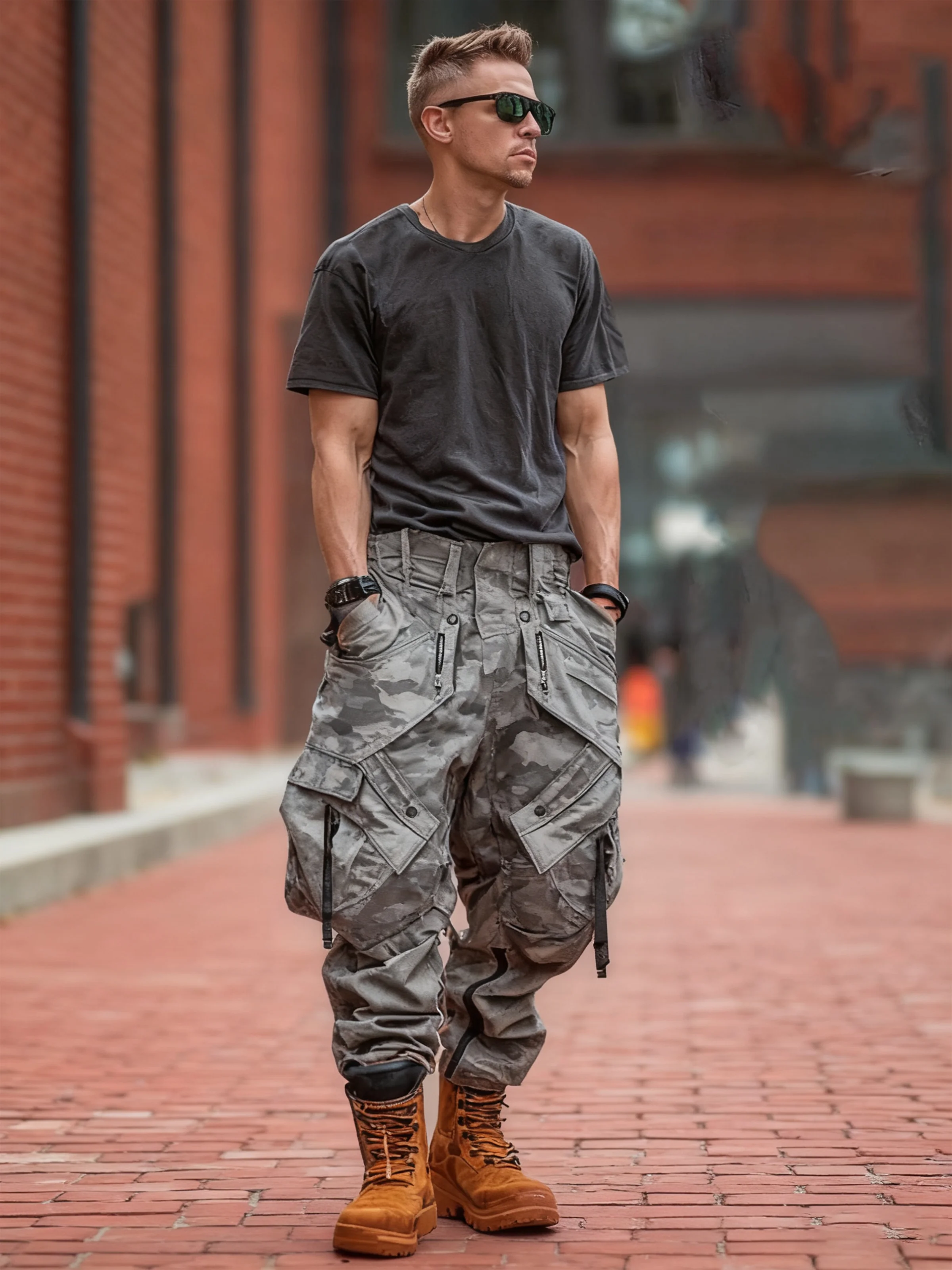Men's Water Resistant Cargo Pants Ripstop Multi-Pocket Street Tactical Pants Work Hiking Pants Camouflage