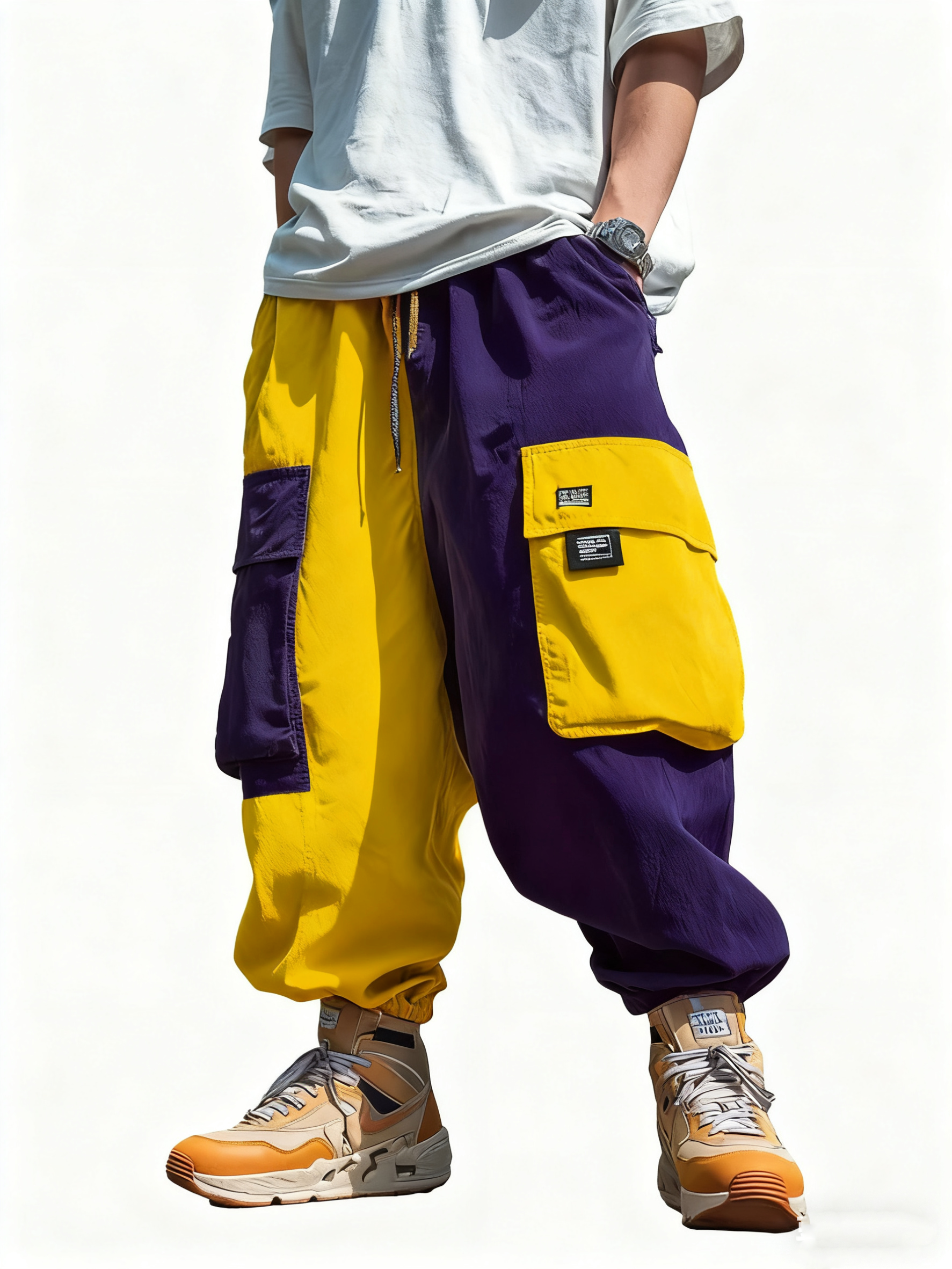 Men's Colorblock Waterproof Cargo Pants with Multi-Pockets and Loose Fit