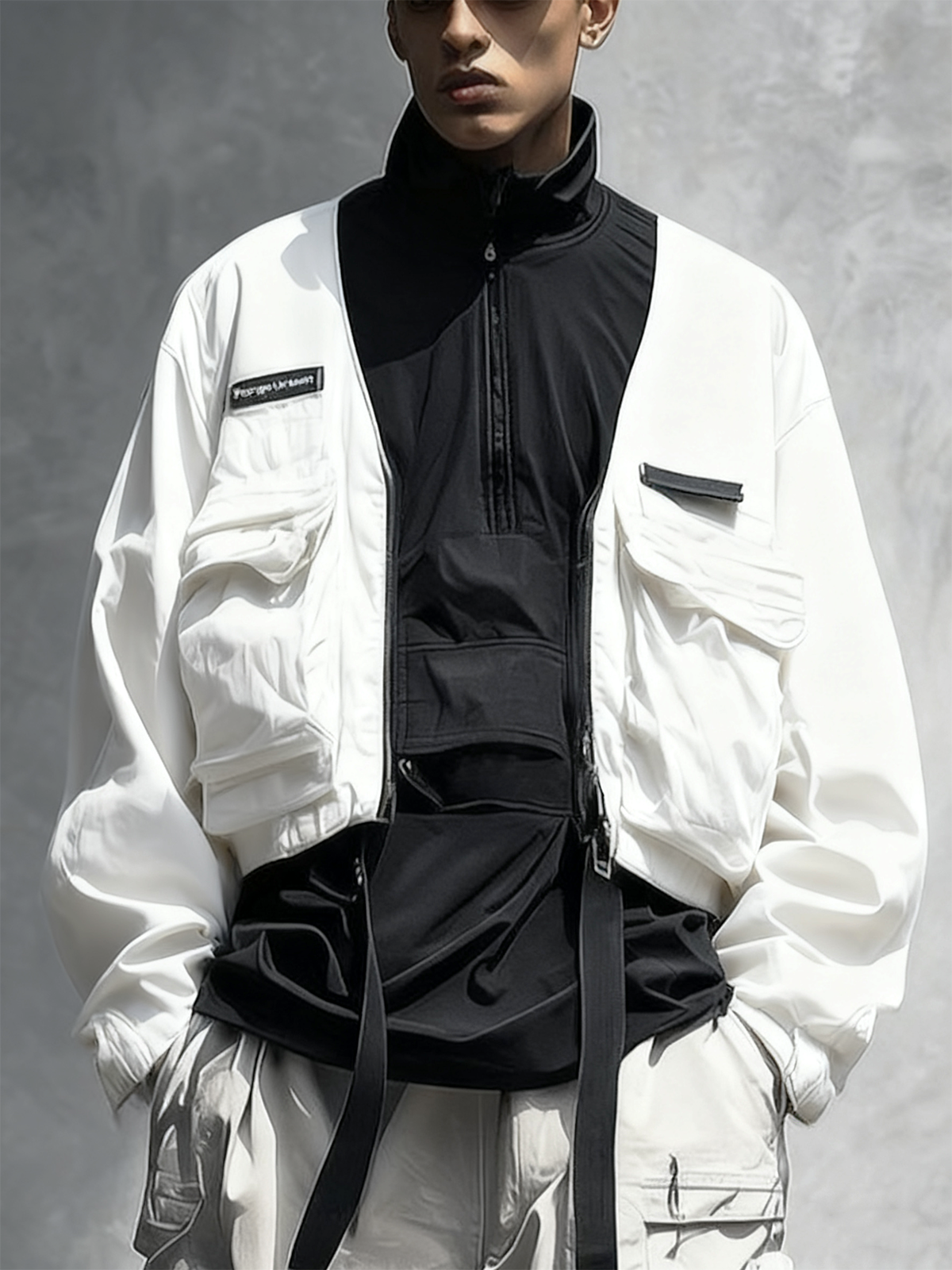 Street Style Urban Street Style Flip Pocket Fashion Workwear Color Matching Stand Collar Sweatshirt