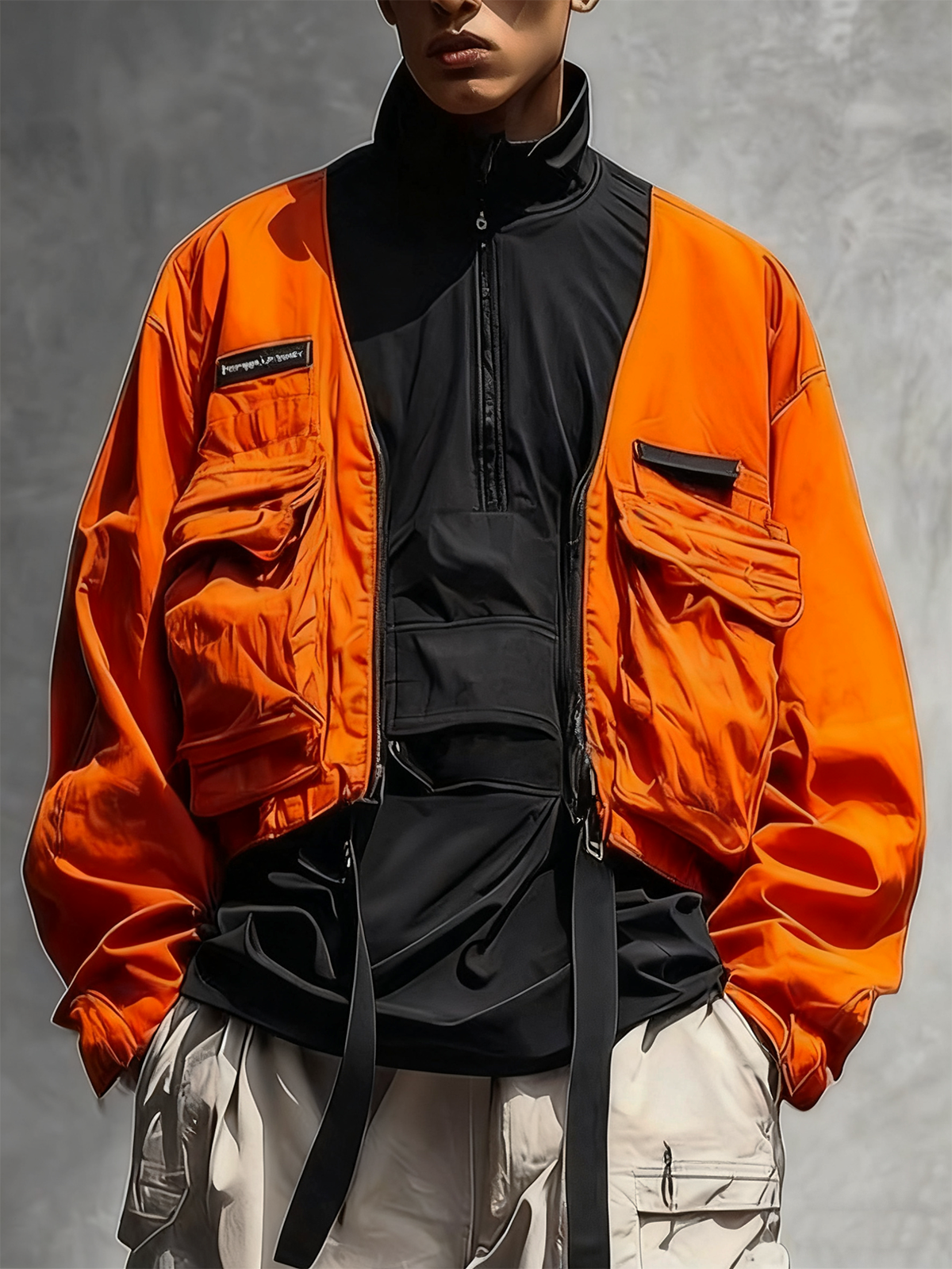 Street Style Urban Street Style Flip Pocket Fashion Workwear Color Matching Stand Collar Sweatshirt