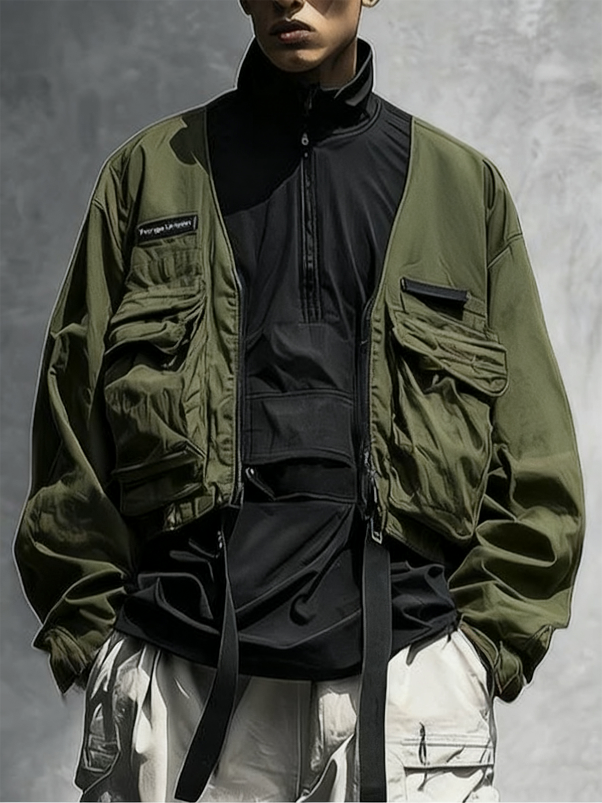 Street Style Urban Street Style Flip Pocket Fashion Workwear Color Matching Stand Collar Sweatshirt