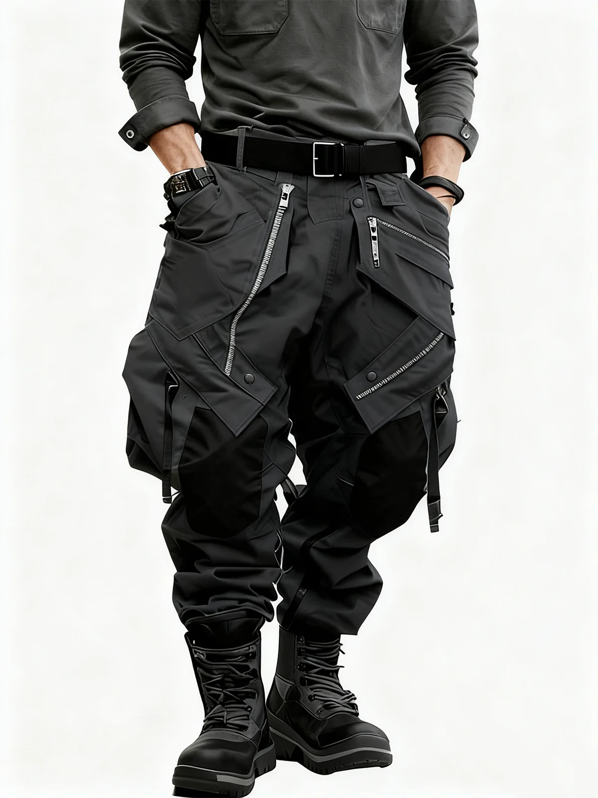 Men's Windproof And Water-Repellent Overalls With Multi-Pocket Stitching Design Street Tactical Pants And Hiking Pants