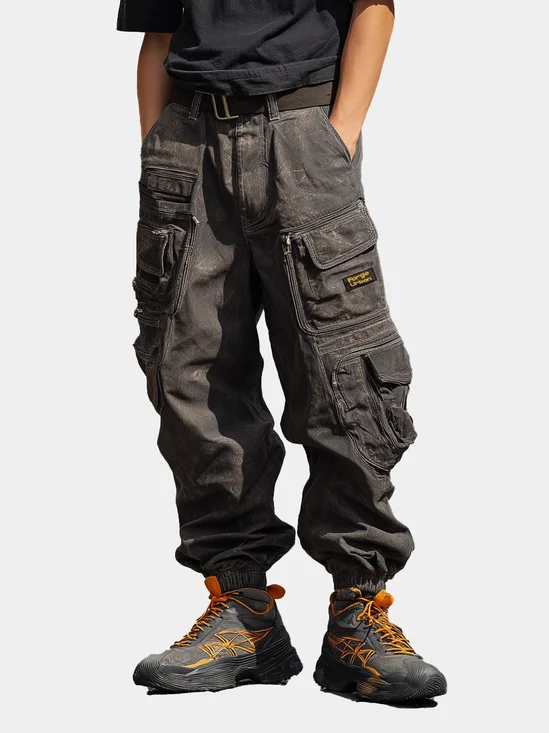 Retro Grunge Streetwear Washed Cargo Work Pants with Flap Pockets Casual Techwear Pants