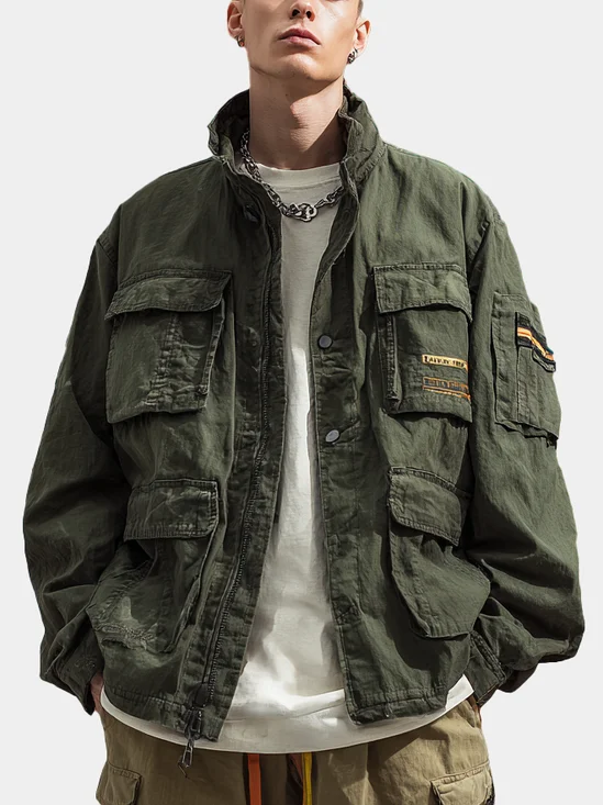 Street Style Washed Cotton Zip-Up Work Jacket
