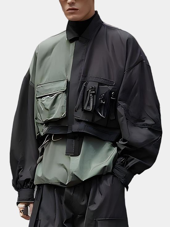 Multi-Pocket Loose Color-Blocked Urban Workwear Casual Stand-Up Collar Jacket