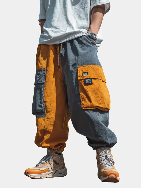 Streetwear Color-block Cargo Work Pants with Flap Pockets & Drawstring Elastic Waist Casual Techwear Joggers