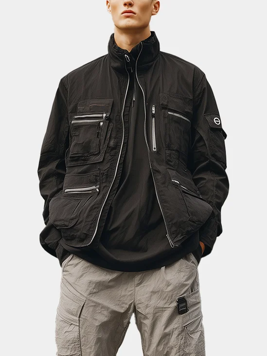 Retro Trend Fashion Texture Ripstop Stand Collar Work Jacket