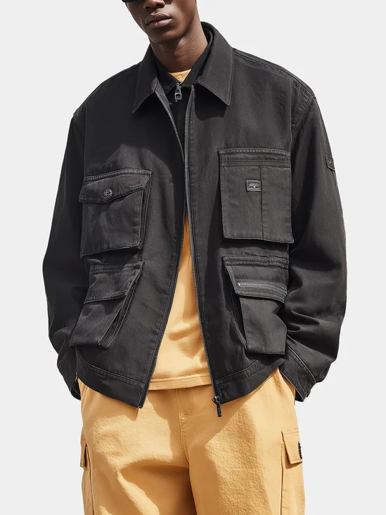 Street Style Washed Denim Pockets Zip-Up Work Jacket