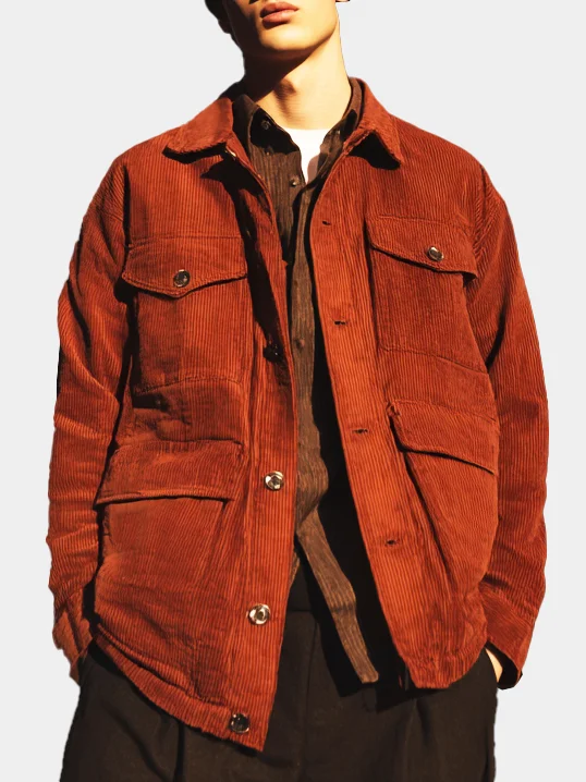 Retro Corduroy Work Shacket Flap Pockets Overshirt