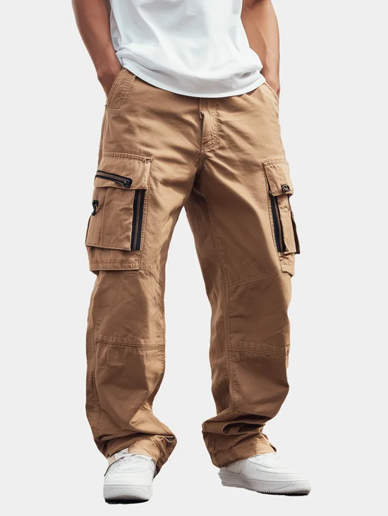 Street Style Washed Cotton Zip-Up Work Pants
