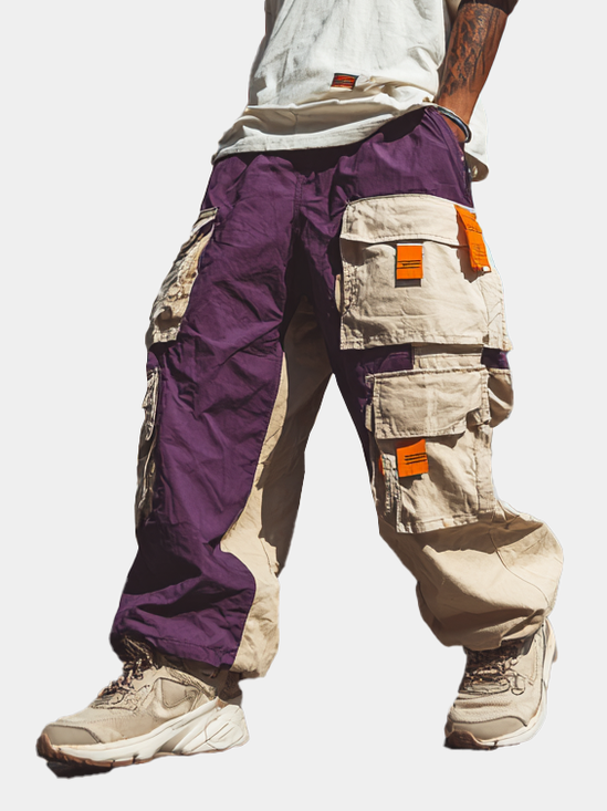 Color-block Casual Cargo Pants Workout Joggers Hiking Drawstring Tactical Pants with Multi Pockets