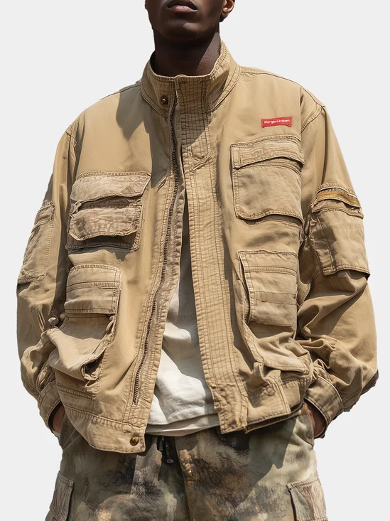 Street Style Washed Cotton Zip-Up Work Jacket