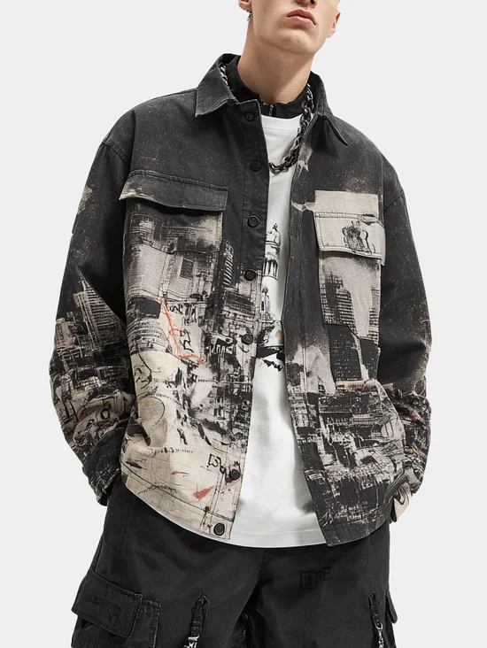 Street Style Washed City ​​Architecture Print Denim Work Jacket