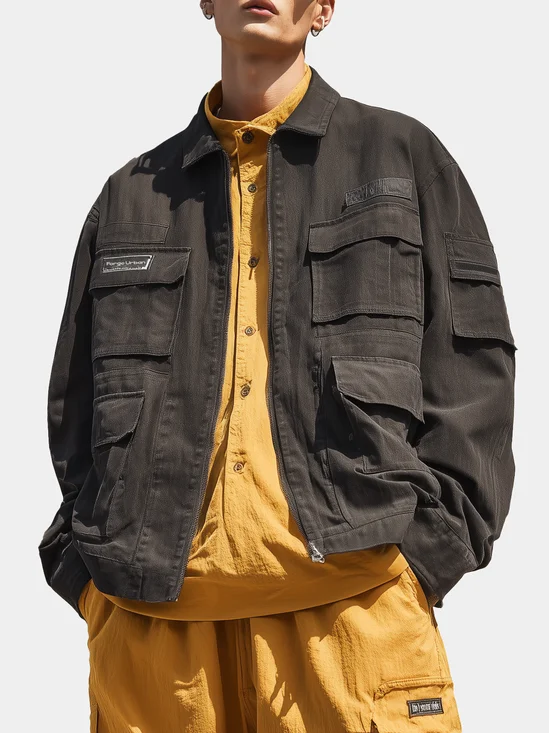 Street Style Washed Denim Cotton Zip-Up Work Jacket