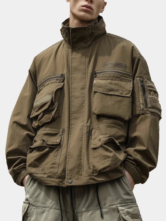 Street Style Washed Cotton 3D Pockets Zip-Up Work Jacket