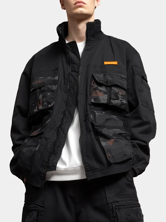 Street Style Camouflage Flap Pockets Zip-Up Work Jacket