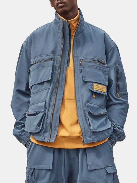 Street Style Washed Cotton 3D Pockets Zip-Up Work Jacket