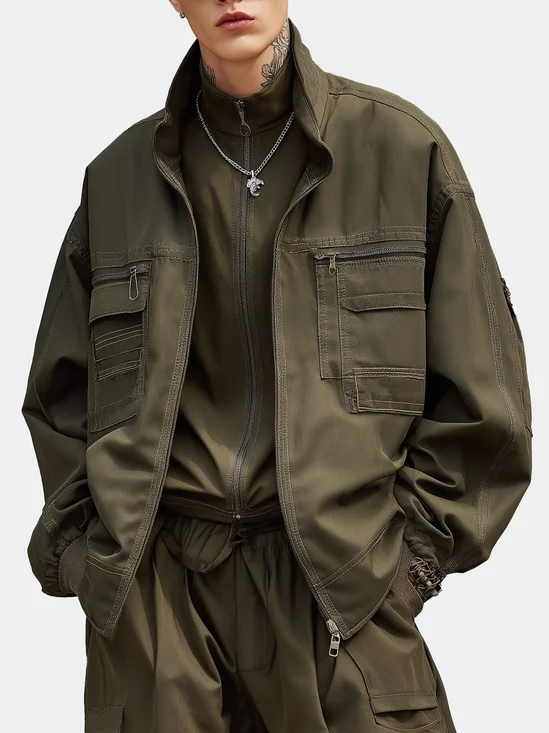 Street Style Flap Pockets Zip-Up Work Jacket