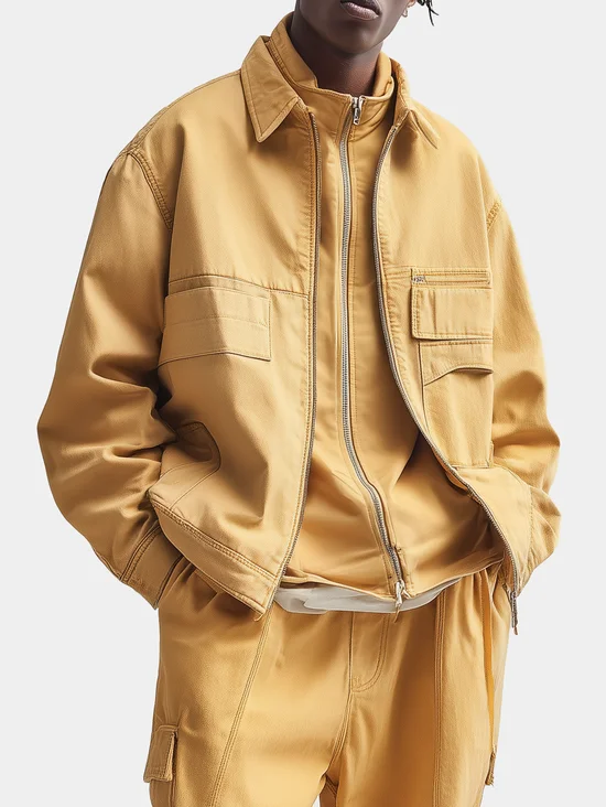 Street Style Washed Cotton Zip-Up Work Jacket