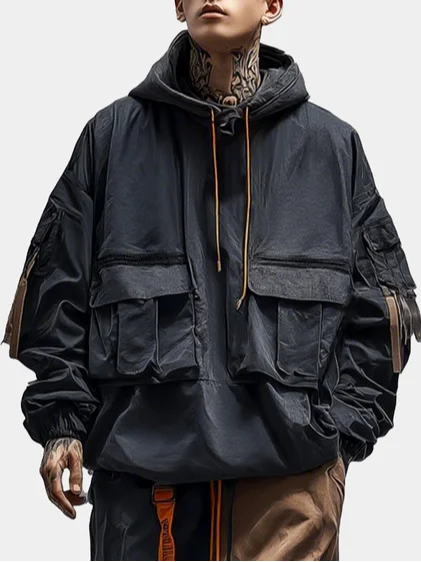 Workwear Urban Street Style Street Art Windproof Flap Pocket Lining Hooded Sweatshirt