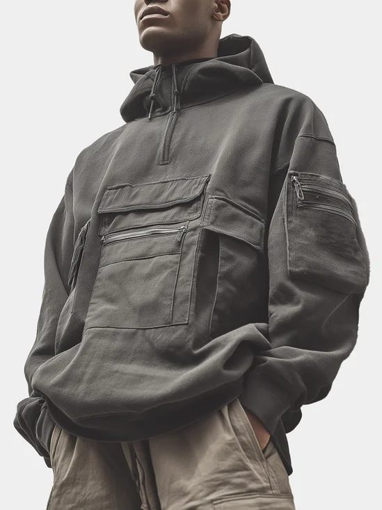 Street Style Work Cargo Pockets Cotton Quarter-Zip Hoodie Sweatshirt