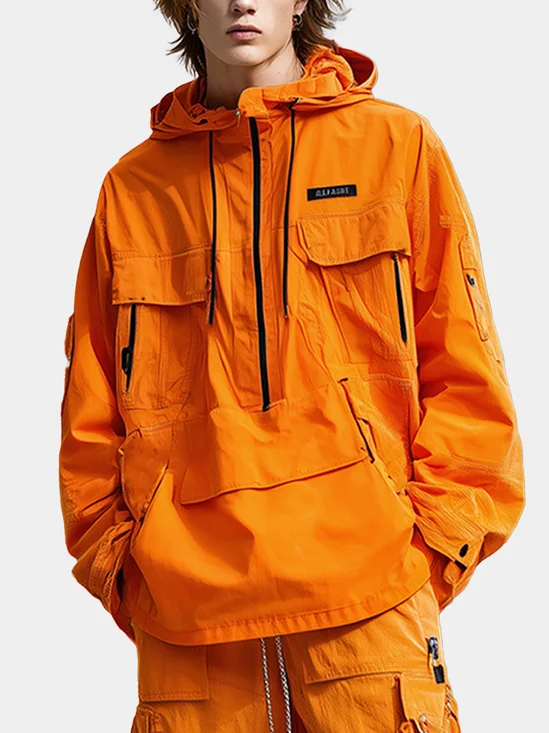 Workwear Urban Street Style Water Resistant Flap Zipper Pocket Hoodie Sweatshirt
