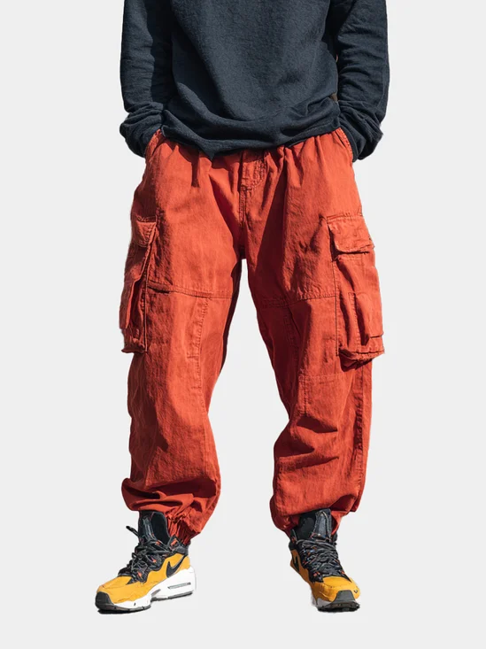 Street Style Washed Cotton Drawing Jogger Work Pants