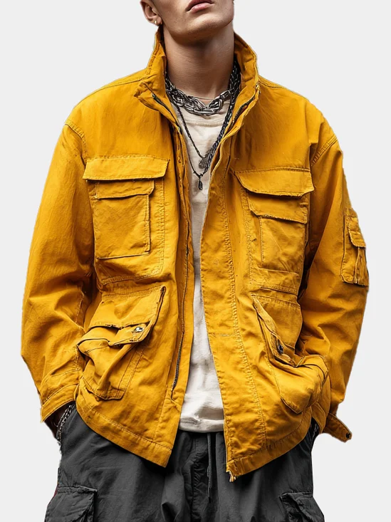Street Style Washed Cotton Lined Zip-Up Work Jacket