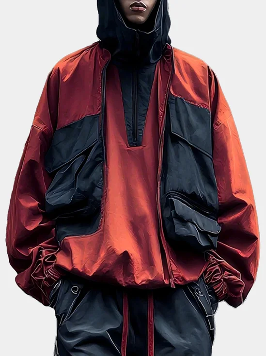 Urban street art style windproof flap pocket lining workwear hooded sweatshirt