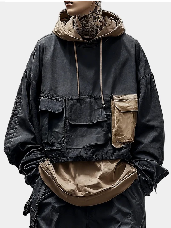 Workwear Urban Street Style Street Art Windproof Flap Pocket Lining Hooded Sweatshirt