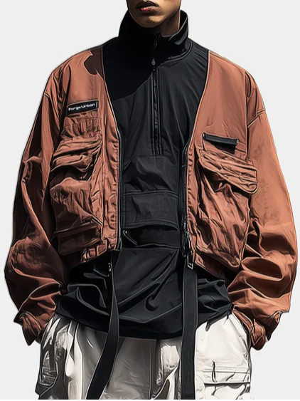 Street Style Urban Street Style Flip Pocket Fashion Workwear Color Matching Stand Collar Sweatshirt