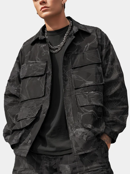 Street Style Art Pattern Windproof Flap Pockets Lined Work Jacket