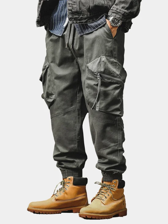 Street Style Washed Cotton 3D Pockets Zip-Up Work Cargo Pants