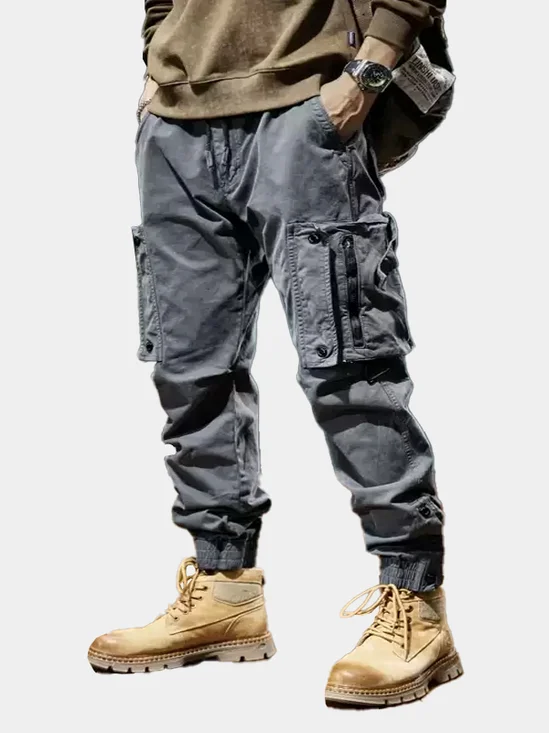 Street Style Washed Cotton 3D Pockets Zip-Up Work Cargo Pants